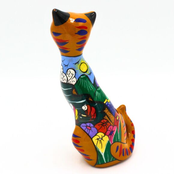 Vintage Mexican Talavera Cat Figurine Hand-Painted Clay Pottery Folk Art Decor - Picture 7 of 8